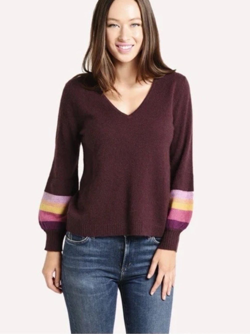 Velvet by Graham & Spencer Maroon V-Neck Sweater with Color-Block Cuffs